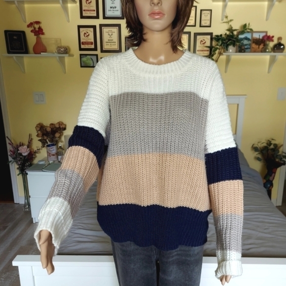 INTHEBEGINNING LA Chunky Oversized Striped Crew Neck Sweater - Picture 4 of 12